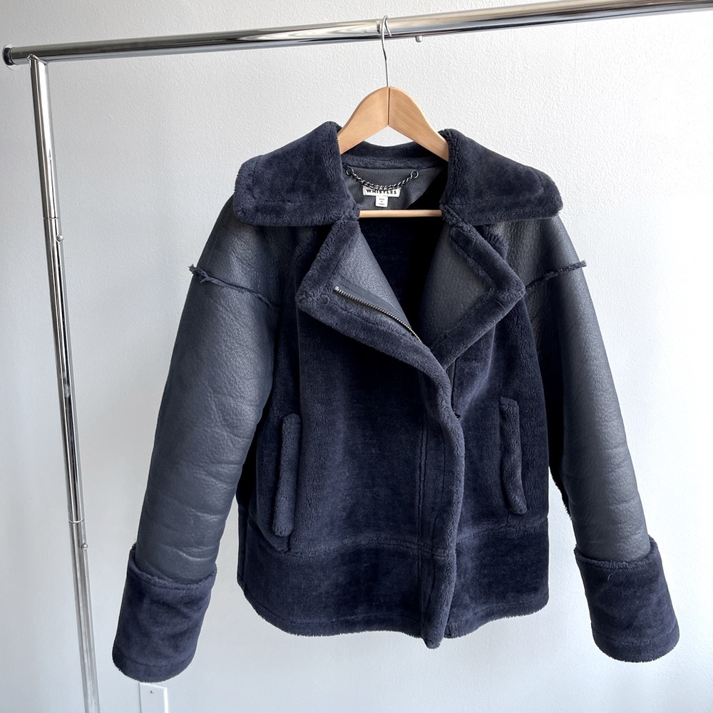 WHISTLES Navy Faux Fur Biker Jacket (Blue)